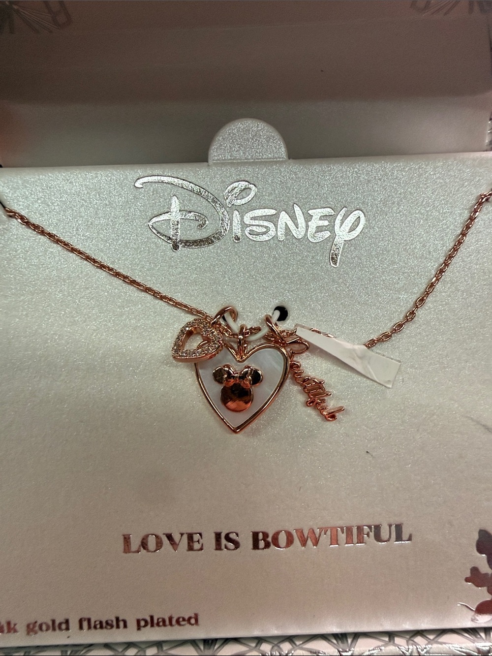 NWT Disney Love Bowtiful Beautiful Necklace Minnie Jewelry Gift 14 KT Gold Flash - Picture 2 of 6